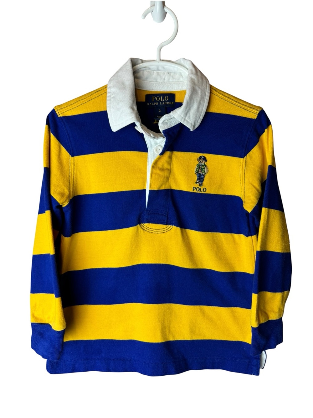 POLO Ralph Lauren Bear Embroidery Blue Yellow Stripe Rugby Long Sleeve Top